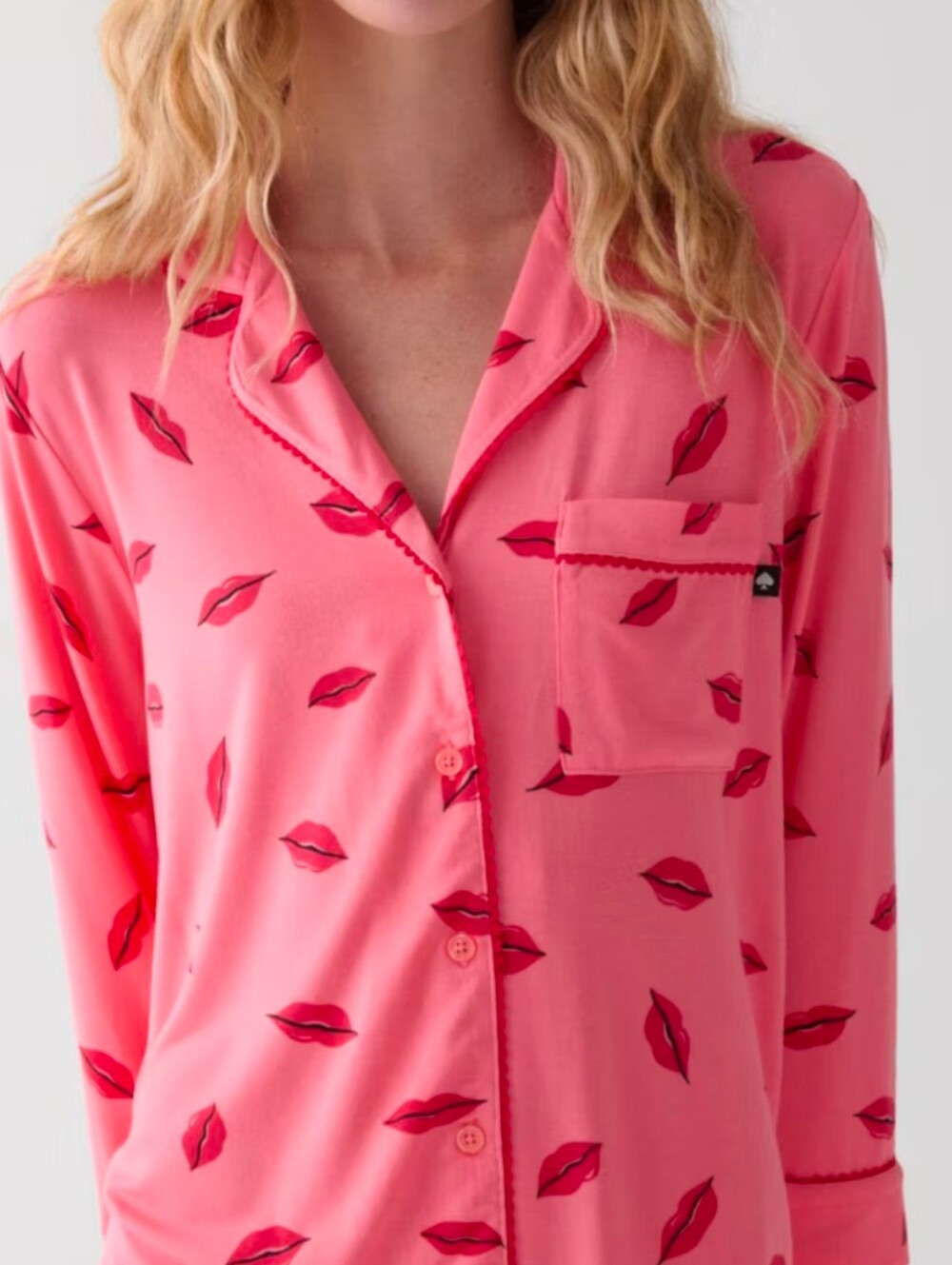 Kate Spade Pink Lip-Print 3/4 Sleeve Pajama Top | Size L